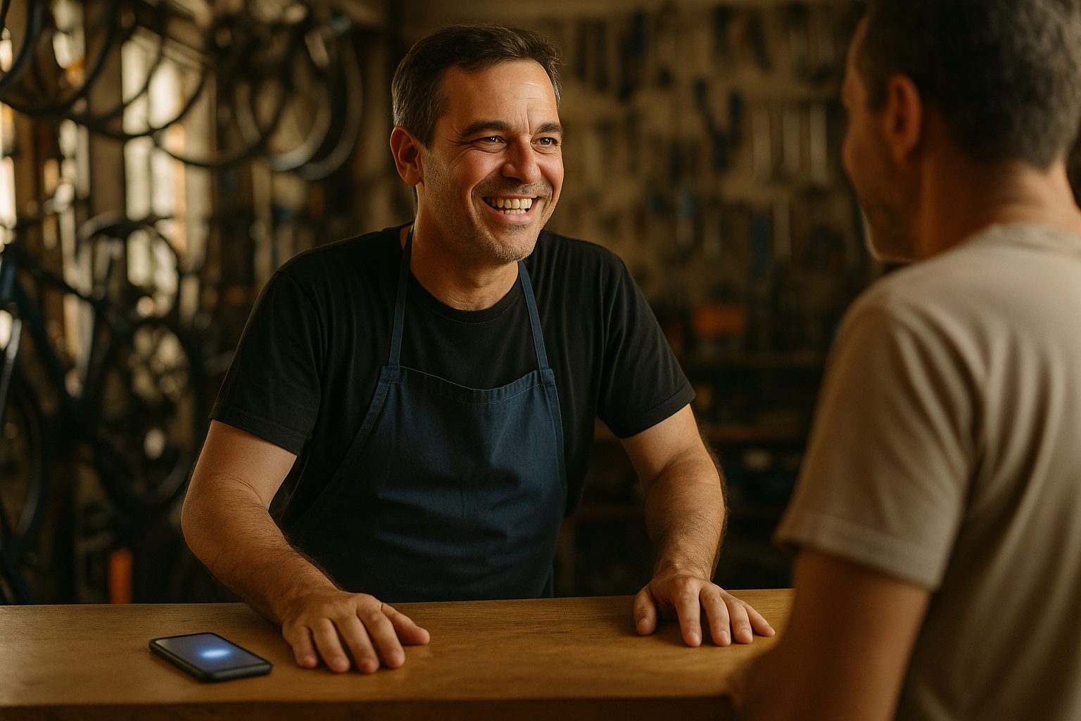Dono de uma oficina de bicicletas sorri atendendo um cliente no balcão enquanto o celular ao lado acende com uma mensagem nova.