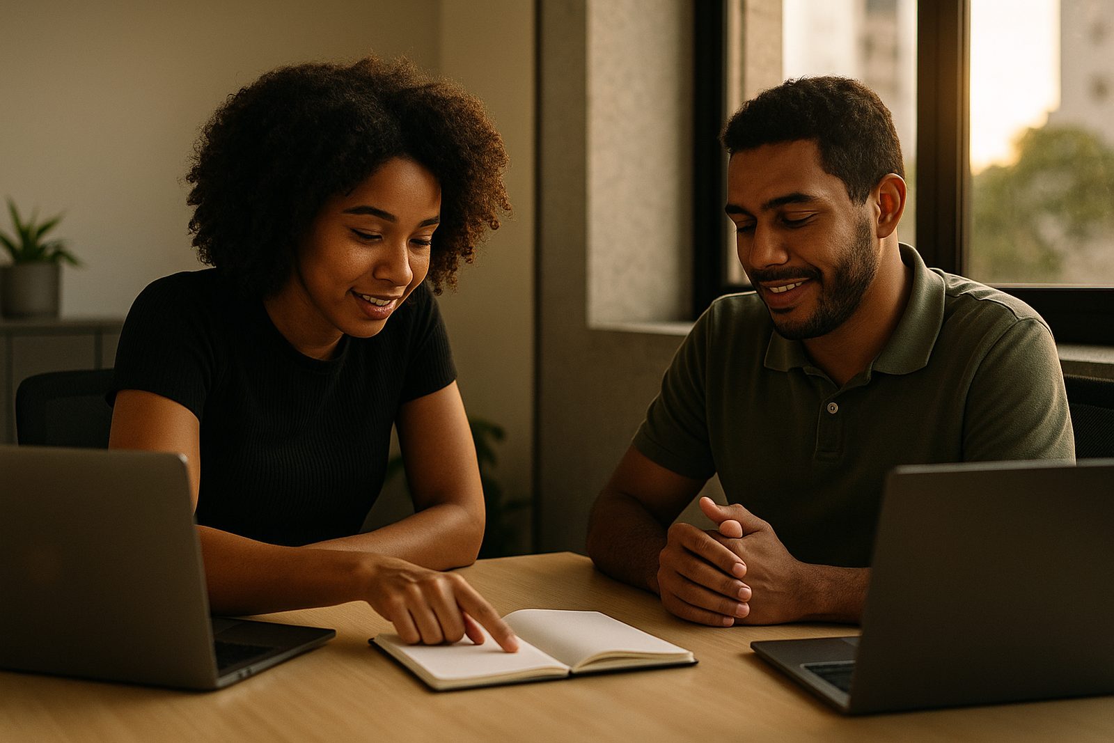 Dois vendedores numa mesa compartilhada revisam anotações juntos, com os notebooks virados para longe.
