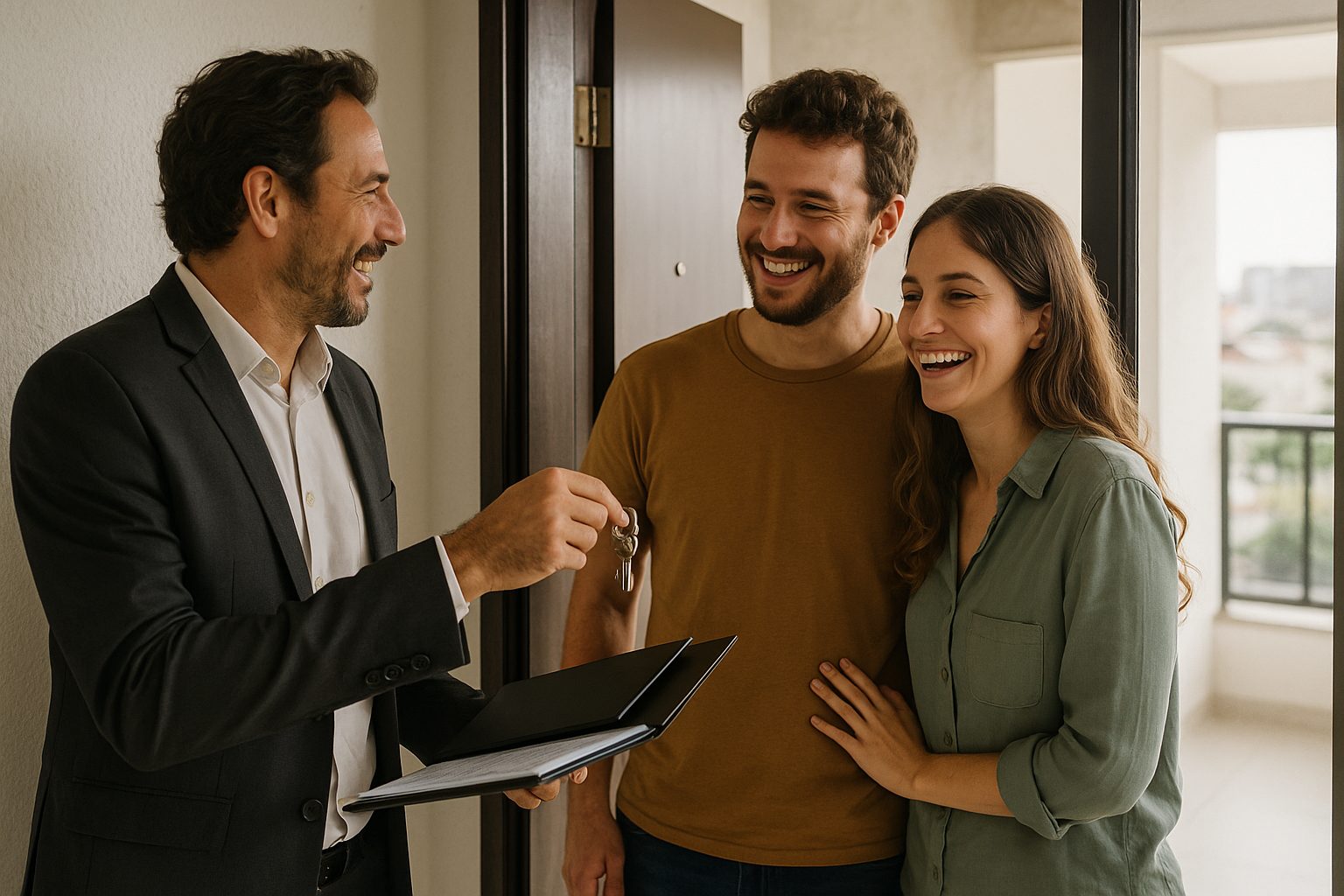 Corretora entrega as chaves a um casal jovem e sorridente na porta de um apartamento.